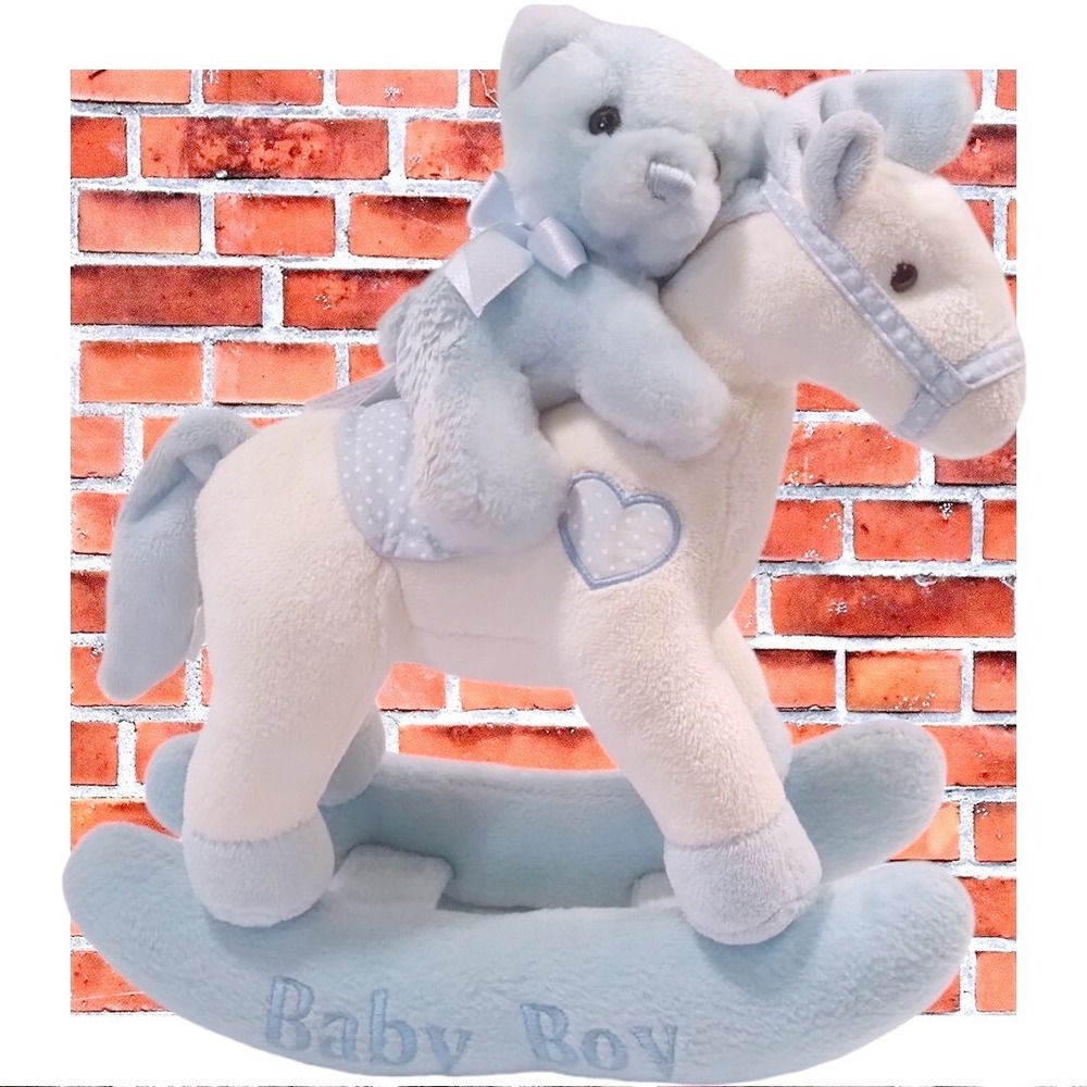 Aurora‎ "Baby Boy" Music box Rocking Plush Horse & Blue Teddy Bear 12" Tall